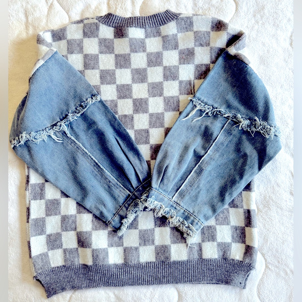 NWOT BiBi Checkered Gray Sweater with Denim Sleeves - size S - Picture 6 of 6